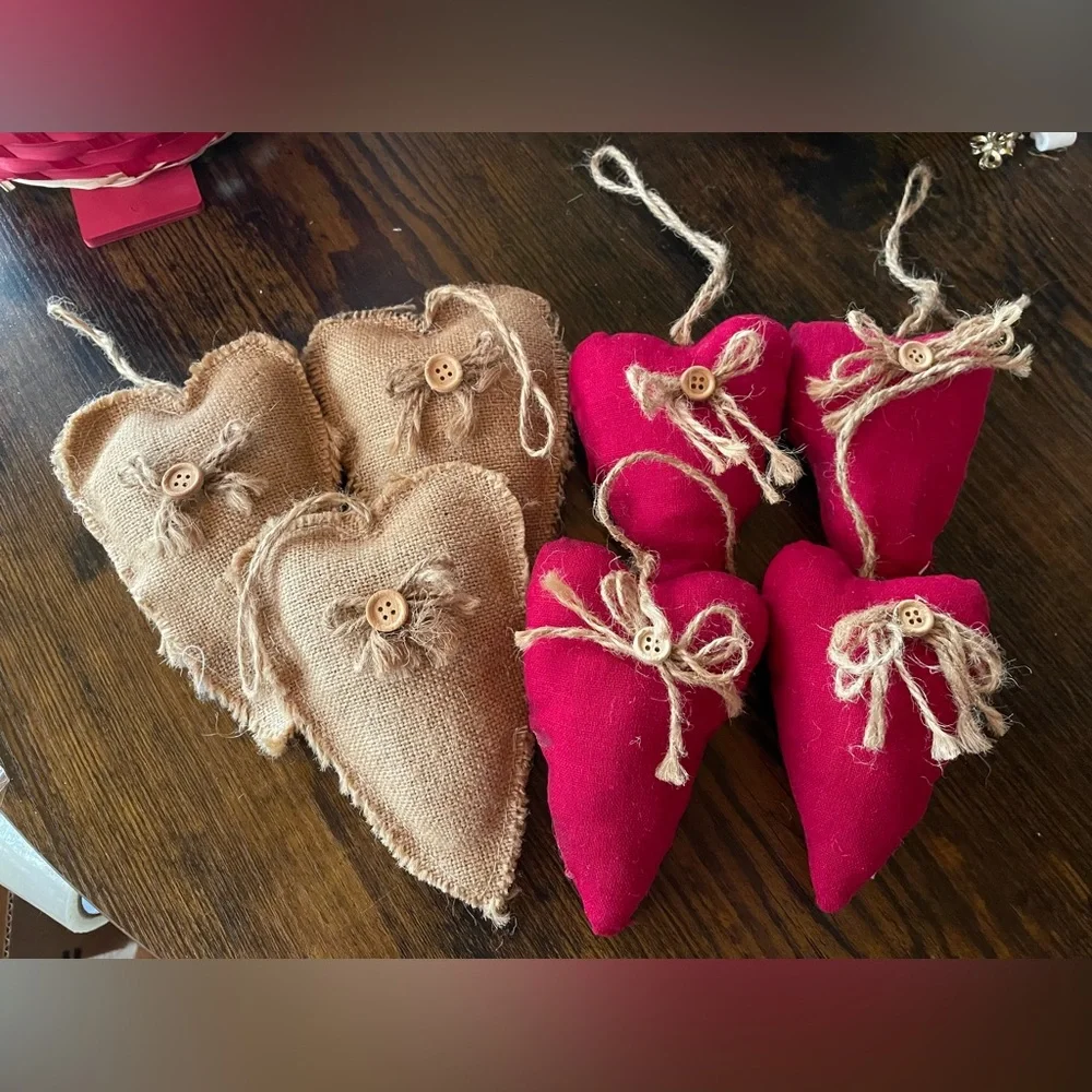 Rustic Burlap and Red Fabric Heart Ornaments